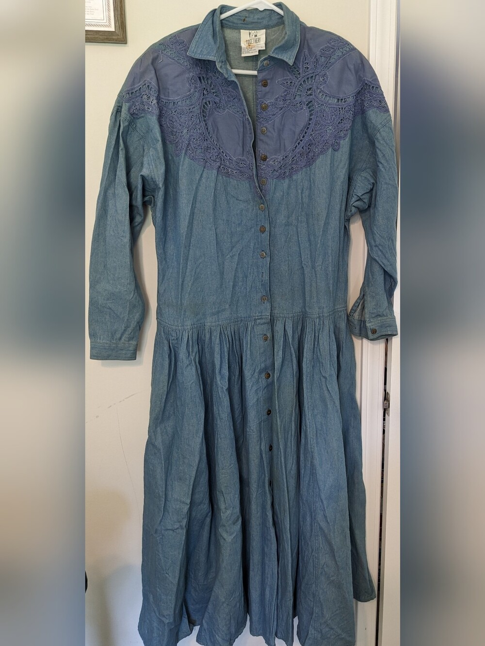 Together! Vintage Women's Size L Blue Denim Cotton Western Dress with Lace Yoke